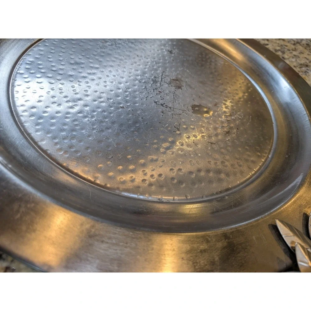 Pottery Barn hammered silver metal serving tray with bird On Branch Handle